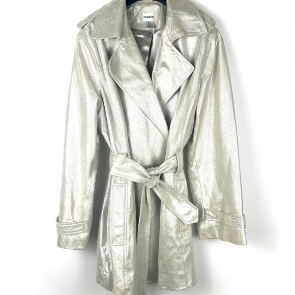 Vintage 2000’s ‘Chico’s’ Suede Belted Leather Jacket Trench Coat in Silver - L - Picture 1 of 9